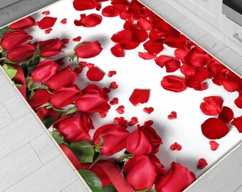 Red Roses Floral Flowers Theme Kitchen Runner Rug – Washable Non-Slip Floor Mat, Modern Floral Home Decor Kitchen Mat