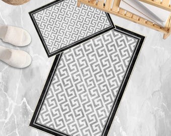 Gray Greek Key Bathroom Rug - Non Slip Quick Dry Bath Mat, Black Border Geometric Toilet Mat, Soft Washable Modern Decor