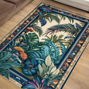Tropical Forest Area Rug Non-Slip, Palm Trees Jungle Floral Carpet, Boho Botanical Nature Floor Decor for Living Room, Chenille Washable Rug