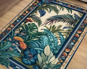Tropical Forest Area Rug Non-Slip – Palm Trees Jungle Floral Carpet Boho Botanical Nature Floor Decor for Living Room