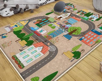 Play Mat for Kids City Road Car Track Nursery Rug, Anti-Slip Toddler Activity Carpet with Washable Design & Pillowcase Gift