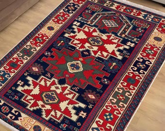Burgundy Red Blue Anatolian Area Rug|Ethnic Print Turkish Rug|Vintage Carpet|Washable Living Room Rug|Ottoman Court Carpet|Traditional Decor