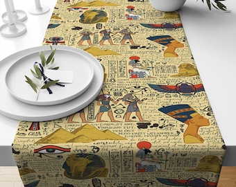 Table Runner Authentic Ethnic Retro Eagypt Pyramid Figures, Mystic Dining Room Decor, Textile Accent, Unique Home Decoration