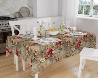 Red Roses Botanical Floral Flowers Branches Brown Background Pattern Tablecloth, Modern Dining Accent Table Cover