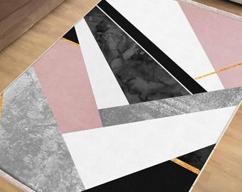 Pink Black Gray Geometric Area Rug Runner, Modern Abtract Anti-Slip Accent Carpet, Unique Room Mat, Chenille Washable Rug, Housewarming Gift