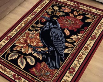 Whimsical Raven Rug Dark Brown Floral Boho Fairycore Decor | Cottagecore Crow Rug Woodland Gothic Crowcore Forestcore Aesthetic