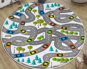 Play Mat for Kids | Round City Road Nursery Rug with Car Traffic Design | Anti-Slip, Washable Toddler Playroom Carpet + Pillowcase Gift
