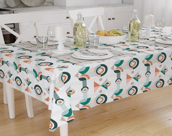 Bohemian Tablecloth Green Orange White Geometric Pattern Modern Minimal Dining Accent Cover, Rectangle tablecloth, Housewarming gift