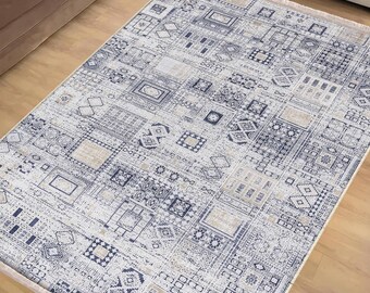Blue Gray Southwest Area Rug|Ethnic Print Turkish Rug|Vintage Carpet|Washable Living Room Rug|Ottoman Court Carpet|Traditional Decor
