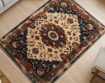 Bohemian Floral Medallion Rug - Washable Chenille Carpet with Oriental Border - Vintage Style Non-Slip Area Rug for Living Room