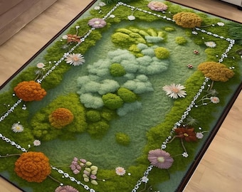 Green Floral Rug - Washable Botanical Moss Area Rug for Cottagecore, Farmhouse & Garden Inspired Home Décor with Wildflower Plant Design