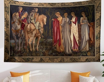 Medieval French Tapestry Wall Art - Departure of the Knights of Camelot, 15th Century Antique Decor, Historical Medieval Art Textile