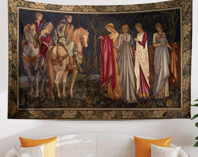 Featured listing image: Medieval French Tapestry Wall Art - Departure of the Knights of Camelot, 15th Century Antique Decor, Historical Medieval Art Textile