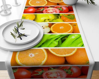 Table Runner Colorful Fresh Fruits & Vegetables Print Modern Kitchen Dining Room Decor Accent Home Decoration