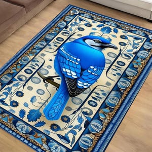 Blue Bird Rug With Floral Pattern - Animal Nature Rug, Decorative Novelty Bird Rug for Home  Living, Chenille Washable Rug, Birds Lover Gift