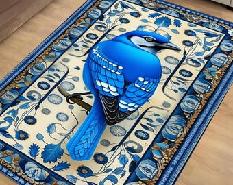 Blue Bird Rug With Floral Pattern - Designer Cottagecore Nature Rug, Washable Decorative Novelty Bird Rug for Home & Living