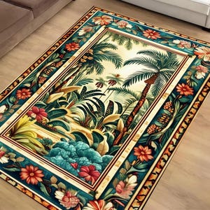 Tropical Area Rug, Forest Palm Trees Jungle Boho Floral Non Slip Carpet, Botanical Floor Decor  Living Room Kitchen, Chenille Washable Rug