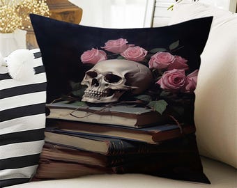 Dark Academia Pillow Cover, Gothic Skull Cushion, Goth Pink Roses Decorative Throw Pillowcase, Moody Home Decor Accent