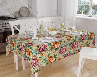 Colorful Summer Roses Floral Flowers Botanical Tablecloth, Modern Dining Accent Table Cover, Modern Kitchen Home Decor