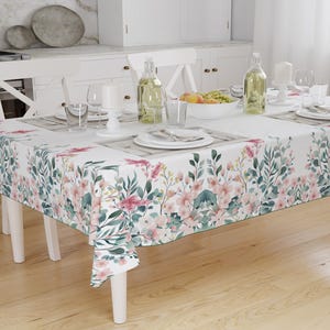 Pink Flowers Green ivy Floral Botanical Tablecloth, Modern Dining Accent Table Cover,  Rectangle tablecloth, Housewarming gift