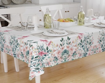 Pink Flowers Green ivy Floral Botanical Tablecloth, Modern Dining Accent Table Cover, Modern Kitchen Home Decor