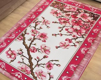 Cherry Blossom Rug Vintage Look Pink Rug Cozy Cottagecore Home Decor Cute Bedroom Aesthetic Girly Room Decor