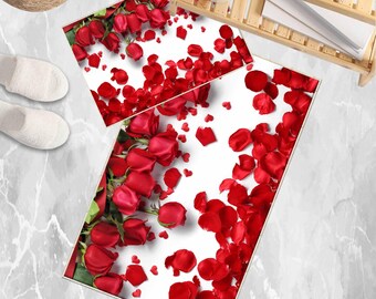 Red Roses Leaves Floral Flowers Bathroom Rug - Non Slip Bath Mat, Quick Dry Washable Toilet Mat, Soft Modern Bathroom Decor
