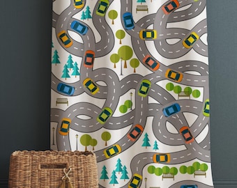 Cars Road City Map Kids Nursery Curtains & Custom Size Window Drapes with Gift Pillow Covers for Boys Room