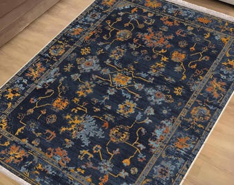 Navy Blue Southwest Classic Area Rug|Ethnic Print Turkish Rug|Vintage Carpet|Washable Living Room Rug|Ottoman Court Carpet|Traditional Decor