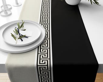 Table Runner Black Cream Greek Key Pattern Modern Traditional Dining Room Decor Accent Textile, Farmhouse Decor