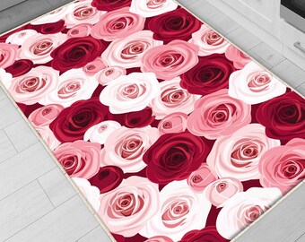 Pink Red Roses Kitchen Runner Rug, Washable Non-Slip Floral Floor Mat, Modern Anti-Fatigue Home Decor Kitchen Mat