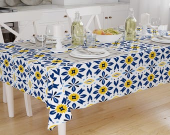 Art Deco Tablecloth Yellow Blue Geometric Retro Ottoman Pattern Turkish Linen Accent Table Cover Modern Dining Decor