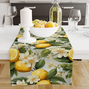 Table Runner Green Leaves Yellow Lemons Summer Pattern, Retro Farmhouse Decor, Traditional Textile Accent for Dining Room & Home