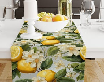 Table Runner Green Leaves Yellow Lemons Summer Pattern, Retro Farmhouse Decor, Traditional Textile Accent for Dining Room & Home