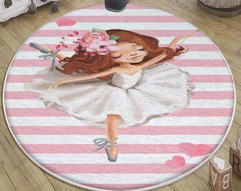 Pink Ballerina Girl Nursery Rug with Pillow Case, Round Kids Room Decor, Cute Baby Girl Gift, Toddler Room Carpet, Ballet Dance Theme