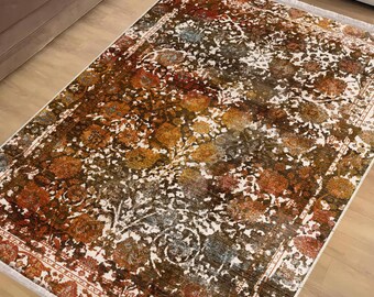 Brown Anatolian Southwest Area Rug|Ethnic Print Turkish Rug|Vintage Carpet|Washable Living Room Rug|Ottoman Court Carpet|Traditional Decor