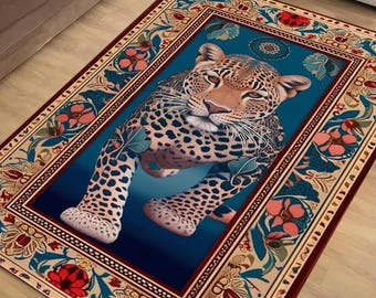 Traditional Leopard Rug, Colorful Painting Style Rustic Area Rug, Animal Print Home Decor, Unique Tribal Accent Carpet