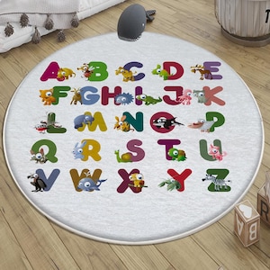Round Alphabet Letters Kids Room Rug with Pillow Case - Cute Educational Nursery Decor Gift for Baby & Toddler Playroom
