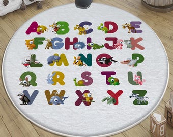 Round Alphabet Letters Kids Room Rug with Pillow Case - Cute Educational Nursery Decor Gift for Baby & Toddler Playroom