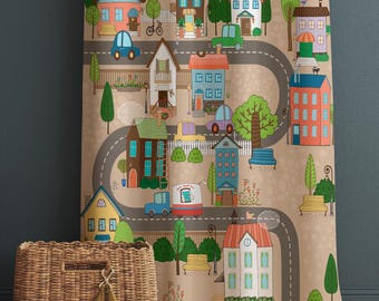 Cute Town Road Maps Houses Kids Nursery Curtains, Custom Size Drapes for Boys Room Decor, Gift Pillow Covers