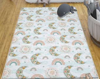 Rug for Kids Boho Moon Star Nursery Decor with Cute Rainbow Baby Playroom Rug & Pillowcase Gift, gifts for kids, nursery decor