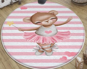 Pink Ballerina Bear Nursery Rug with Heart – Round Cute Kid Room Decor & Baby Girl Gift with Pillowcase