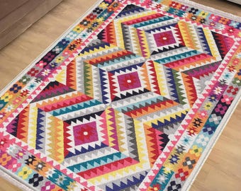Colorful Aztec Geometric Area Rug Runner, Turkish Anti-Slip Accent Carpet, Unique Ethnic Room Mat, Chenille Washable Rug, Housewarming gift