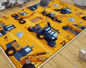 Road Construction Vehicles Rug for Kids Room with Crane Bulldozer Excavator Playmat - Heavy Equipment Nursery Carpet Gift for Boys
