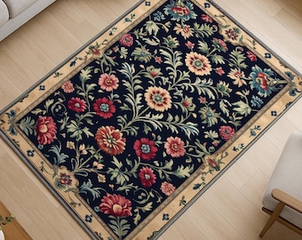 Vintage French Floral Tapestry Rug - Washable Chenille Carpet with Antique Cream Border - Elegant Botanical Area Rug for Home Decor