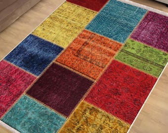 Colorful Patchwork Kilim Rug Runner, Boho Area Rug with Anti-Slip Back, Turkish Accent Carpet & Free Pillow Case Gift, Chenille Washable Rug