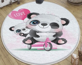 Panda Pink Kids Room Rug with Pillow Case, Round Animal Nursery Decor, Baby Girl Gift, Soft Kids Room Floor Mat, Children’s Playroom Carpet