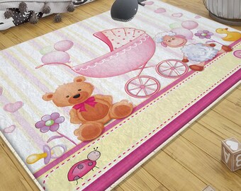 Pink Bear and Lamb Nursery Rug with Pillowcase, Cute Kids Room Decor, Baby Shower Girl Gift, Soft Animal Floor Mat for Kids Bedroom
