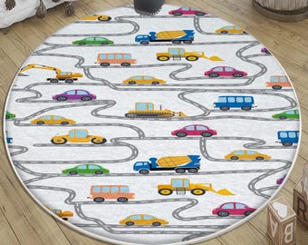 Construction Vehicles Kids Rug with Crane Bulldozer Excavator Playmat & Pillowcase – Heavy Equipment Nursery Carpet for Boys Room Decor