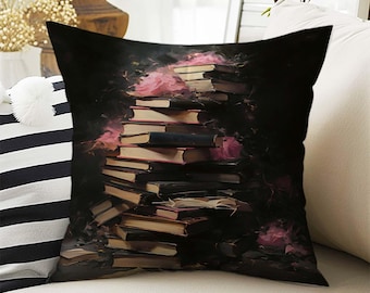 Dark Academia Pillow Cover, Gothic Books Cushion, Goth Library Decorative Throw Pillowcase, Moody Home Decor Accent